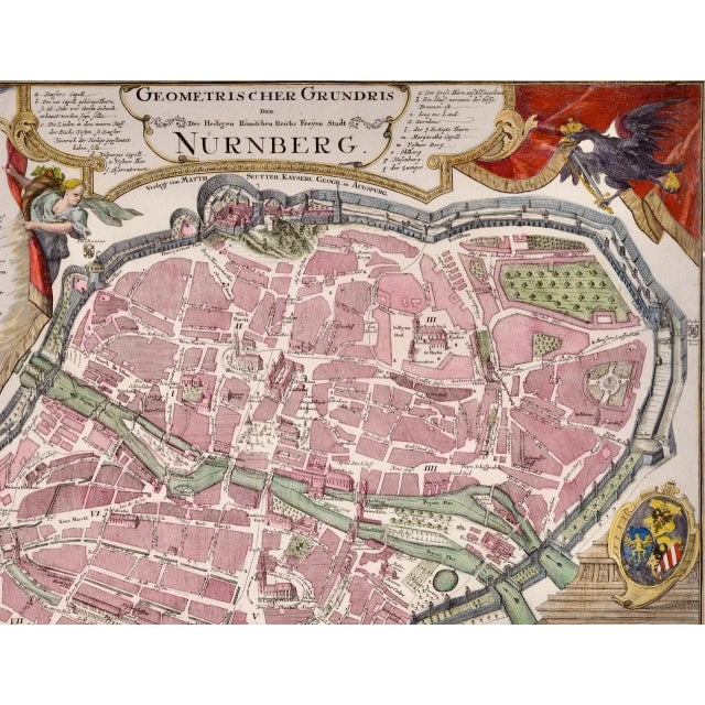 Traditional City View of Nuremberg, Germany: An 18th Century Hand-Colored Map by M. Seutter For Sale - Image 3 of 12
