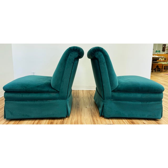 Textile Vintage Deep Teal Velvet Tufted Back Slipper Chairs, a Pair For Sale - Image 7 of 12