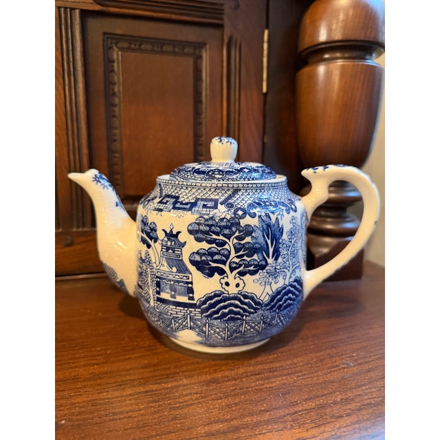 Churchill Vintage Japanese Blue Willow Blue & White Transferware Teapot With Lid For Sale - Image 4 of 11