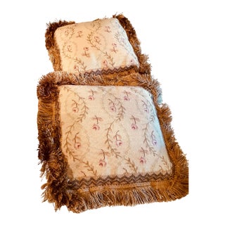 Vintage Pair of Vintage Needlepoints Pillows With a Decorative Fringe With Velvet Backing. For Sale