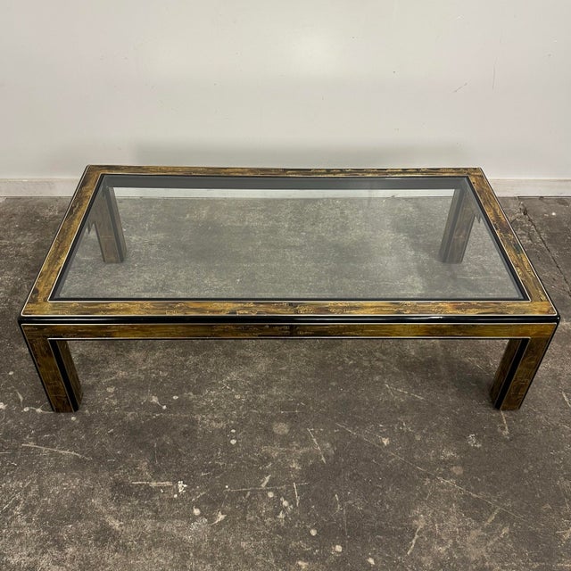 Metal 1970s Bernhard Rohne for Mastercraft Acid-Etched Brass and Black Lacquered Coffee Table For Sale - Image 7 of 12