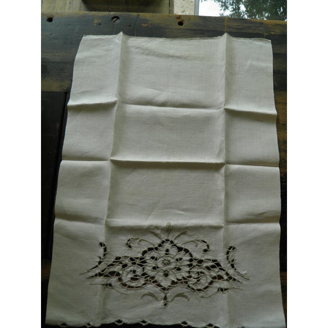 Set 2 Vintage Linen Madeira Cutwork Guest Hand Towels Embroidered Antique Ivory For Sale - Image 4 of 5