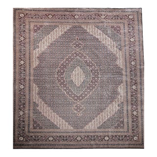Antique Oversized Tabriz Mahi Rug, Hand-Knotted Wool & Silk, Herati Geometric Pattern, Navy & Burgundy, 12x15 For Sale