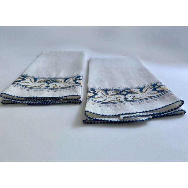 Vintage Pair Embroidered Blue & White Linen "Griffin" Hand Towels For Sale - Image 4 of 12