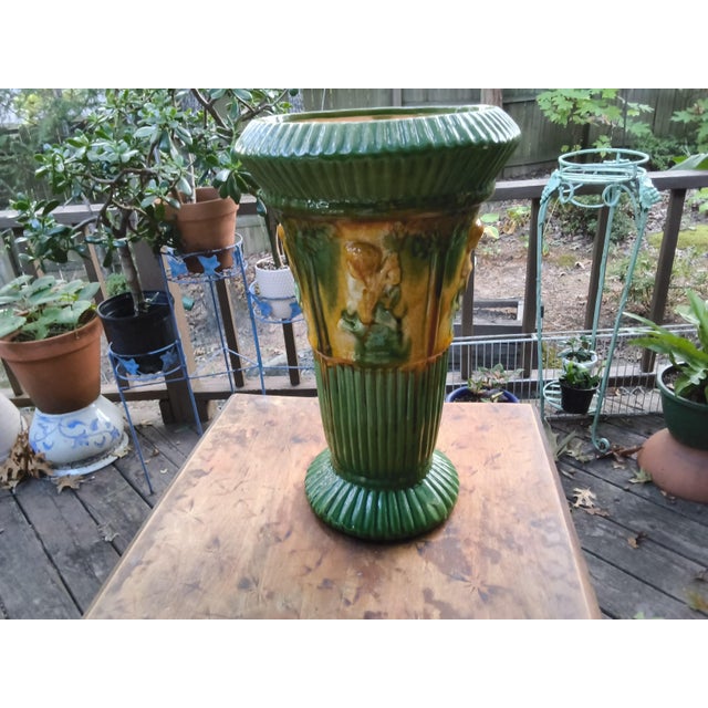 American Rare Antique C. 1910 J.W. Brush -McCoy Majolica Pottery Planter/Jardinier – "W" Mark With Maker's Base Drainage Hole For Sale - Image 3 of 15
