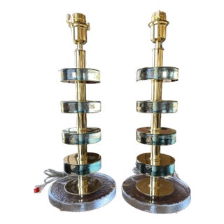 Murano Style Glass Disc Lamps in Fontana Green - a Pair For Sale