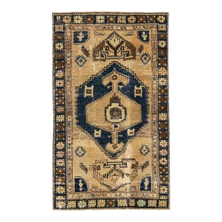 1960s Vintage Persian Distressed Handmade Geometric Beige Wool Rug For Sale