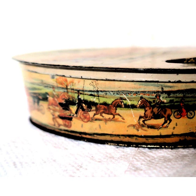 Huntley Furniture Co. Antique Huntley & Palmers Scarce Palette Shaped Biscuit Tin, c.1910, Rare Lithographyed Horse Drawn Hurdy Gurdy For Sale - Image 4 of 18