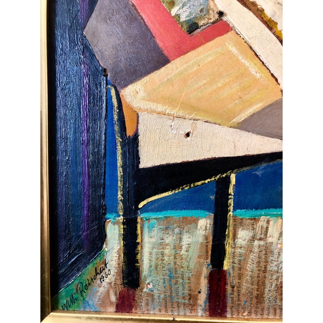 Textile Unknown European Collage Cubist Oil Painting 1960 Surrealist Interior with Vase and Pipe, 1960 For Sale - Image 7 of 10