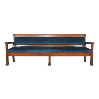 Mid 20th Century Traditional 96.375 In. Blue Velvet Walnut Settee Bench For Sale