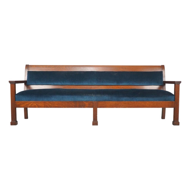 Mid 20th Century Traditional 96.375 In. Blue Velvet Walnut Settee Bench For Sale