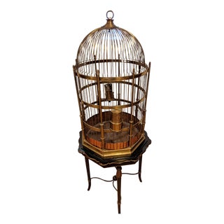 1960s Grand Victorian Style Brass and Copper Birdcage on Custom Made Designer Hexagon Table/ Stand For Sale