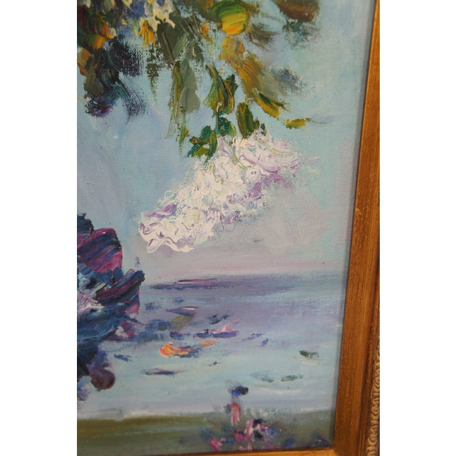 Wood 20th Century Still Life Oil Painting Bouquet of Flowers in Blue Vase Framed 43" For Sale - Image 7 of 12