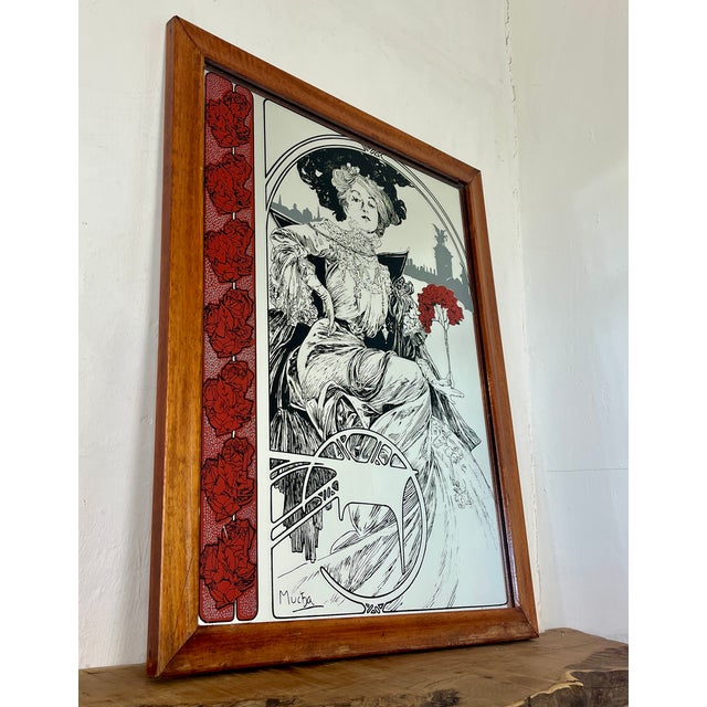 Vintage Art Nouveau Mirror with Christmas Noel Illustration by Alphonse Mucha, 1960s For Sale - Image 15 of 15