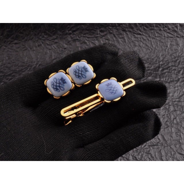 1980s Vintage Royal Danish Copenhagen Gold Plate & Porcelain Cufflinks Circa 1980 For Sale - Image 5 of 12