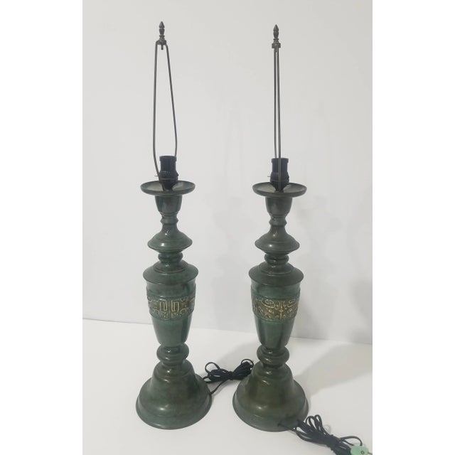 Stunning Pair of Hollywood Regency Chinosorie Lamps, in the Style of James Mont. Cast brass body with a unique verdigris...