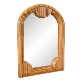 Vintage Coastal Boho Refinished Pencil Reed Rattan Sculptural Arch Wall Mirror For Sale