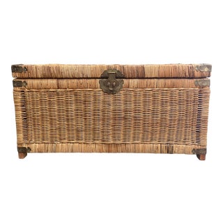 Vintage 1970's Boho Wicker Rattan & Brass Trunk For Sale