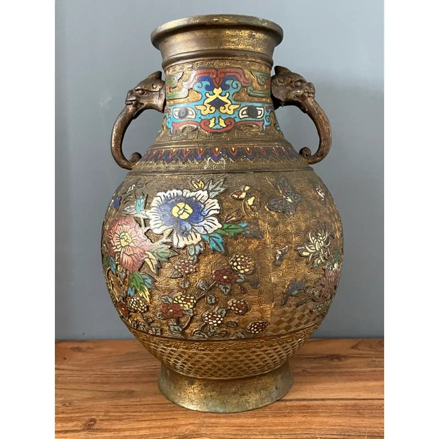 Large 1930s Bronze Japanese Champleve Vase For Sale - Image 10 of 11
