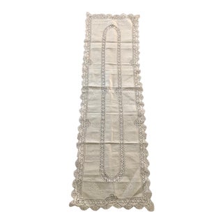 53" X 15" Vintage Linen/Cotton Tatting Embroidered Runner Italy Crochet Mid to Late 20th-Century Farmhouse Traditional Victorian Shabby Chic For Sale
