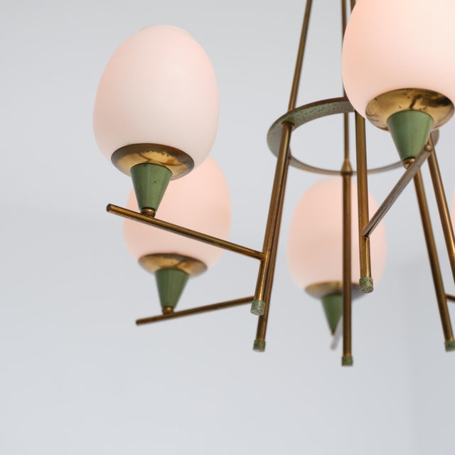 Vintage Italian Chandelier in Brass with Green-Lacquered Metal and Opaline Glass, 1950s For Sale - Image 4 of 12