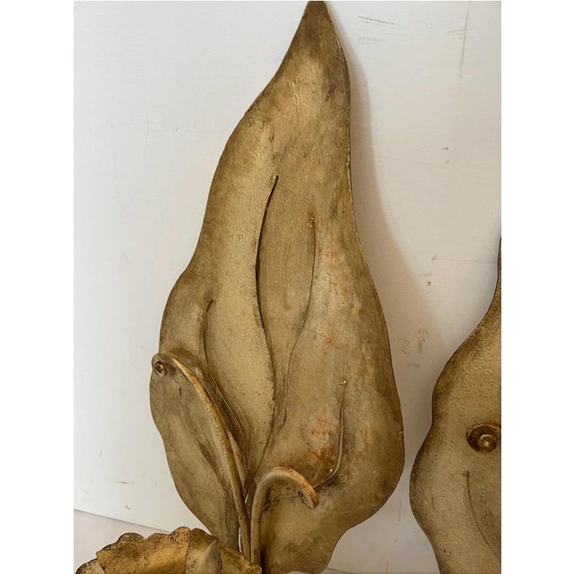 Mid-Century Modern Vintage Late 20th Century Gilt Iron Sheet Candle Sconces With Leaf Design - A Pair For Sale - Image 3 of 6