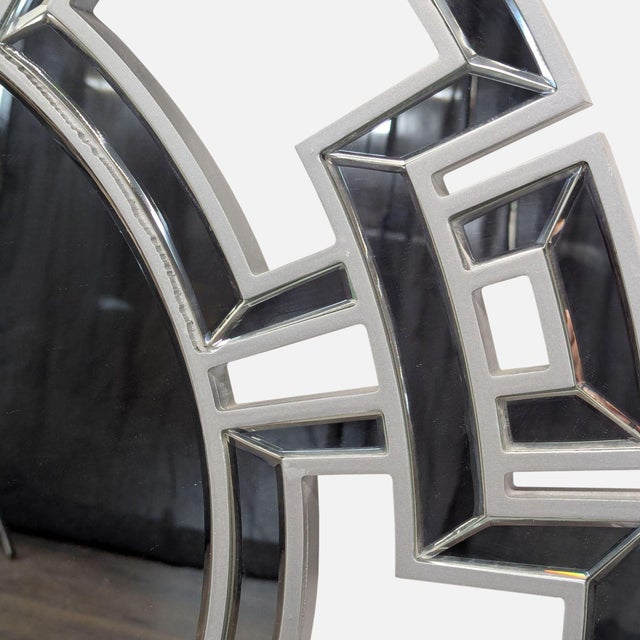 Wood and Beveled Glass Round Mirror With Geometric Wood Border For Sale - Image 4 of 5