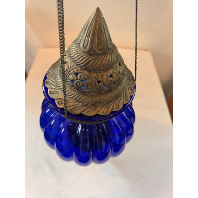Metal Large Vintage Cobalt Blue Hanging Decorative Glass Ornament With Ornate Pierced Metalwork For Sale - Image 7 of 7