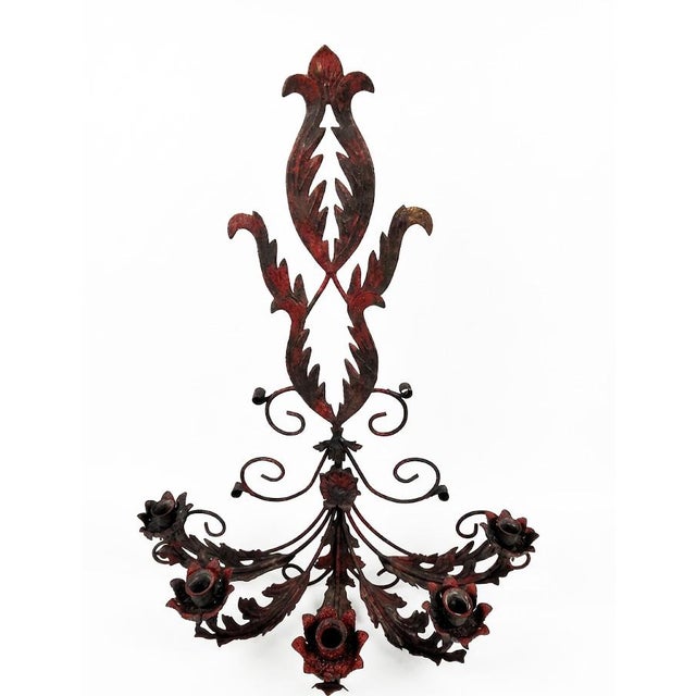 Make a dramatic, old-world statement with this monumental 3-foot-tall (39 inches) vintage hand-forged wrought iron wall...