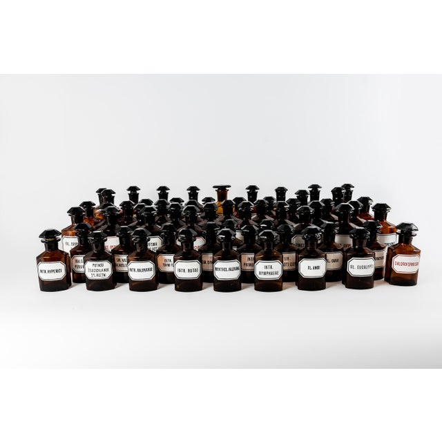 Set of 67 Pharmacy Bottles Amber Glass. The set: 19cm x 12pcs 16cm x 29pcs 13cm x 21pcs 10cm x 5pcs All bottles with a...