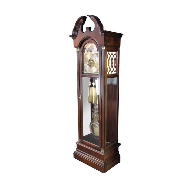 Traditional Vintage Howard Miller Georgian Style Flame Mahogany Moon Dial Grandfather Clock For Sale - Image 3 of 16