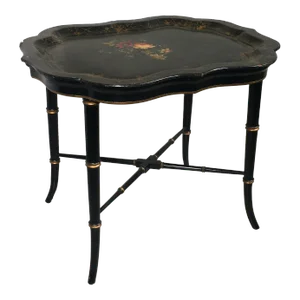 Mid 20th Century Vintage English Hand Painted Tole Tray Top Coffee Table