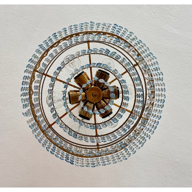 1960s Vintage French Crown Style Flush Mount Brass Chandelier With Soft Blue Crystals⁠ For Sale - Image 13 of 17