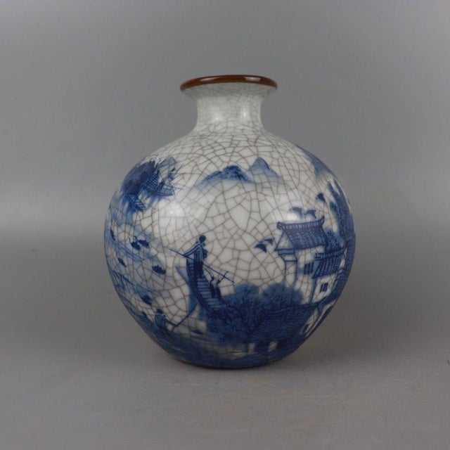 Mid 20th Century Vintage Chinese Crackle Glaze Blue & White "Jiangnan Water Town" Landscape Vase For Sale - Image 5 of 7