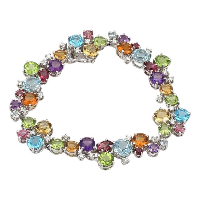 Mid 20th Century Diamonds & Assorted Multicolor Gems 18k White Gold Bracelet For Sale