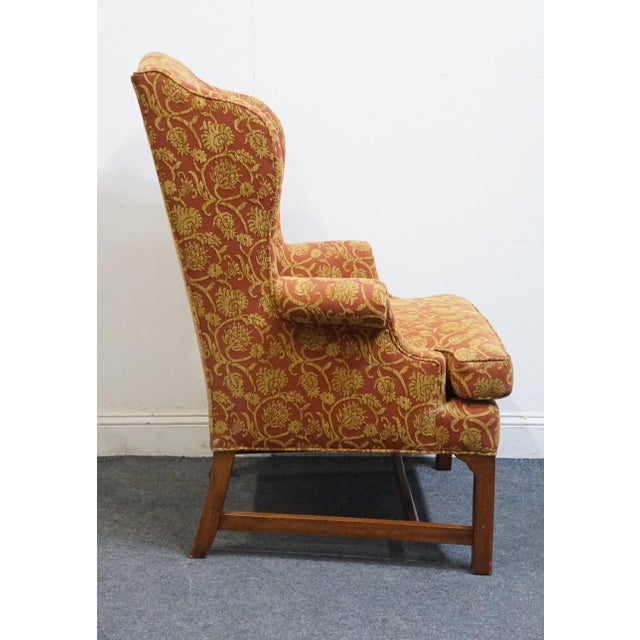 Wood Henredon Furniture Traditional Gold & Terracotta Scrolling Demask Upholstered Accent Wingback Arm Chair For Sale - Image 7 of 10