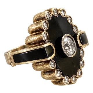 Brilliant Bezel Set Diamond and Onyx Vintage 14k Yellow Gold Ring Hinged Shank, Size 6 For Sale