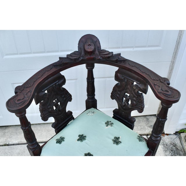 Brown Carved Mahogany Corner Chair Vintage Renaissance Style Figural Face Upholstered For Sale - Image 8 of 17