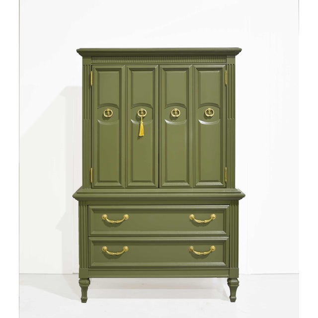 Transitional Mid Century Transitional Highboy Dresser in Olive Green - Newly Painted For Sale - Image 3 of 14