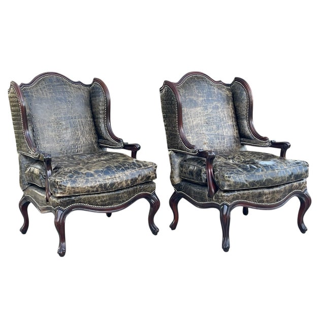 Crocodile Embossed Leather Chairs by Old Hickory Tannery, a Pair, Wingback Chairs, Nailhead Trim, Style of Massoud Lettsworth Wing Chair For Sale In Naples, FL - Image 6 of 12