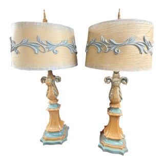 Pair of 1950s Hollywood Regency Table Lamps Carved Wood With Shades For Sale