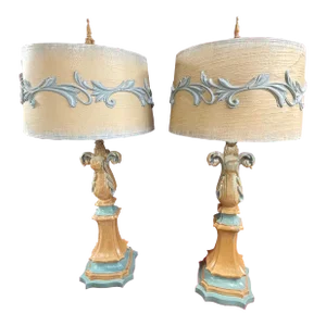 Pair of 1950s Hollywood Regency Table Lamps Carved Wood With Shades