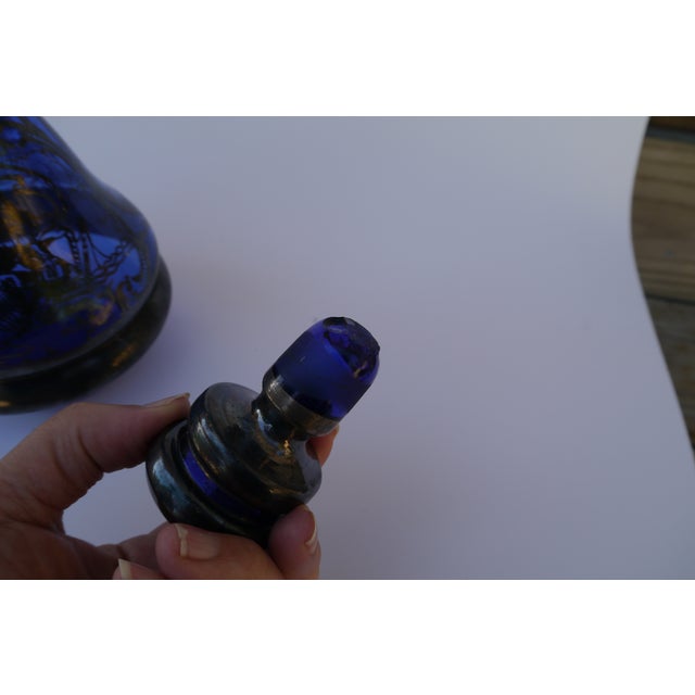 Mid-Century Modern Vintage Mid Century Cobalt Blue Silver Overlay Painted Decanter Set- 4 Pieces For Sale - Image 3 of 13