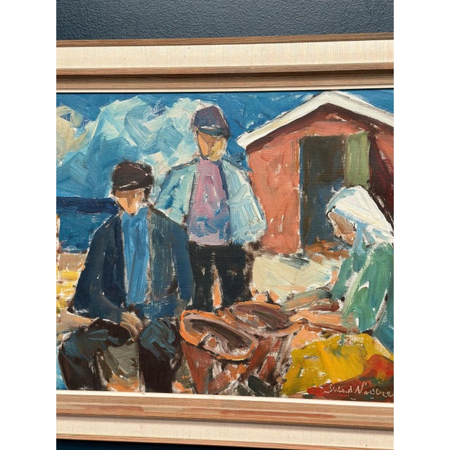 Mid-Century Modern Svend Nielsen, Figures at the Fish Shed, 1950s, Oil on Canvas, Framed For Sale - Image 3 of 16