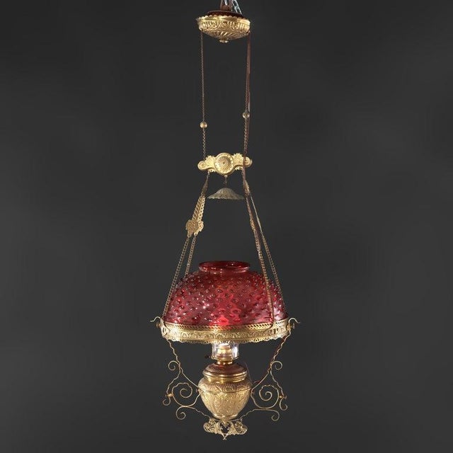 Antique Cranberry Hobnail Glass & Brass Hanging Light, Electrified, C1900 For Sale - Image 10 of 12