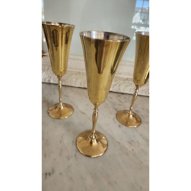 Metal Vintage Indian Brass-Plated Tall Goblets, Set of 3 For Sale - Image 7 of 15