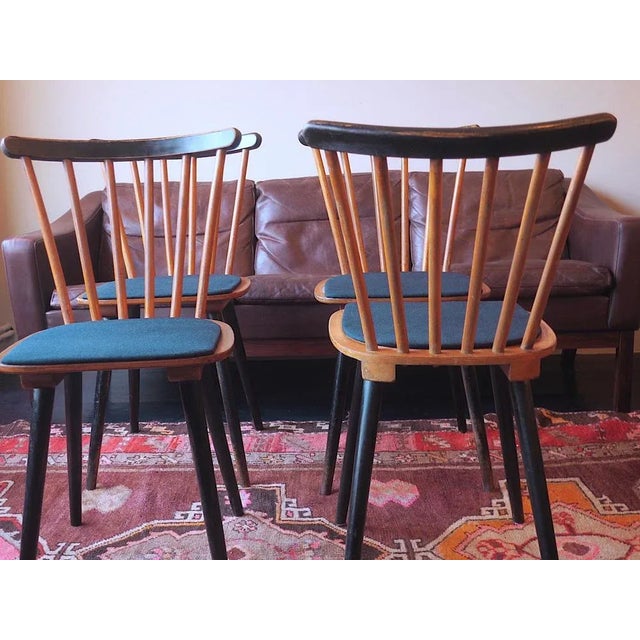 Mid-Century Dining Chairs with Splayed Legs and Petrol Blue Seats, Set of 4 For Sale - Image 9 of 13