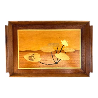 Vintage Philippine Marquetry Wood Frog & Lily Pad Serving Tray For Sale