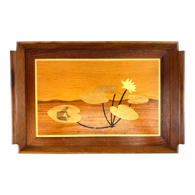 Vintage Philippine Marquetry Wood Frog & Lily Pad Serving Tray For Sale