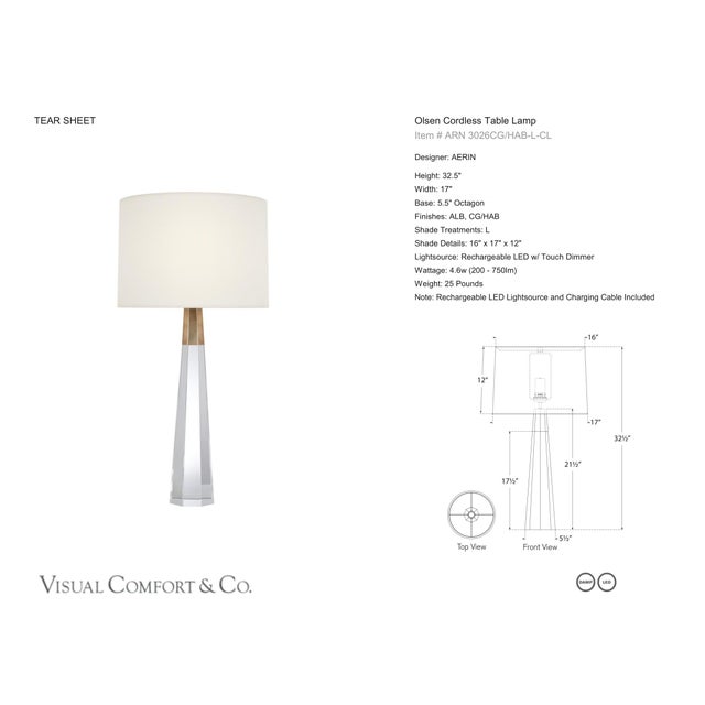 AERIN by Visual Comfort Signature Olsen Cordless Table Lamp in Crystal and Hand-Rubbed Antique Brass with Linen Shade...